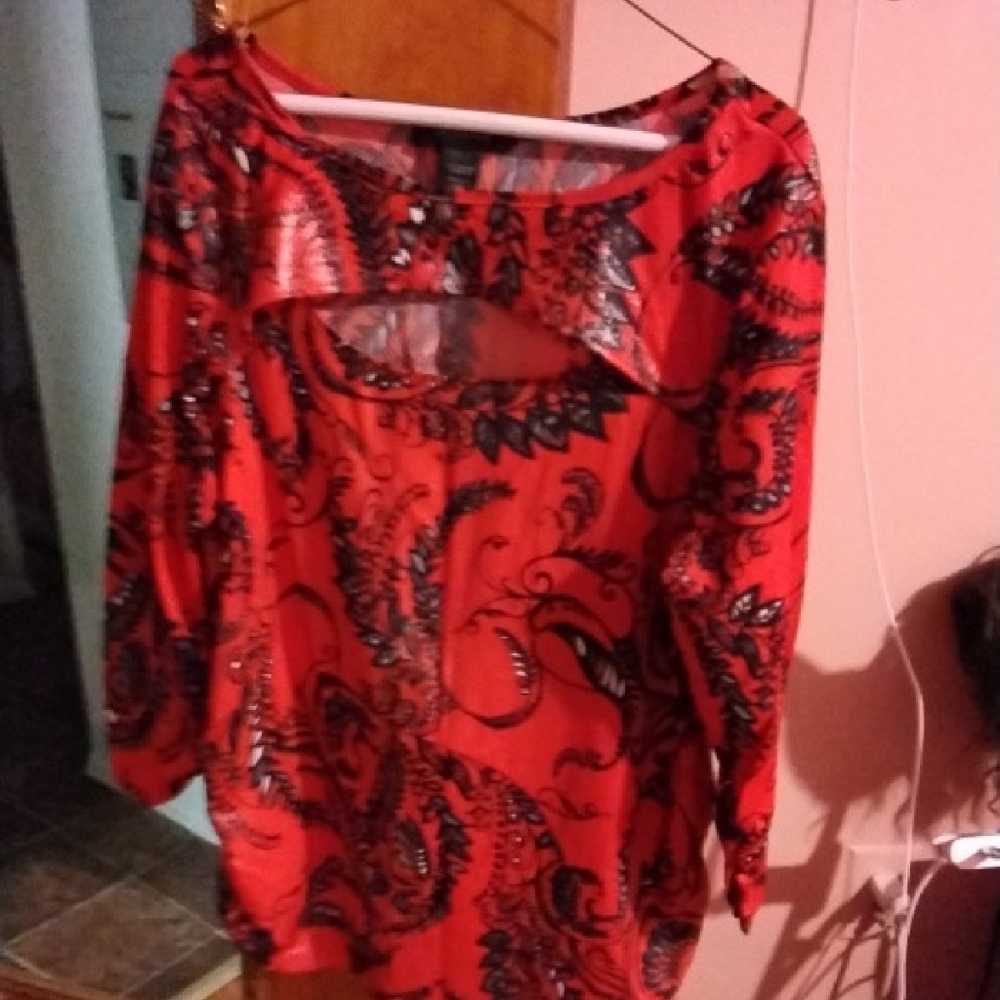 Ashley Stewart Red and Black Patterned Blouse